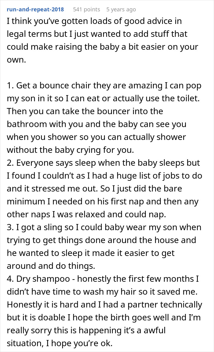 Text post offering baby care tips and support to a woman facing a boyfriend&rsquo;s secret wife before birth.