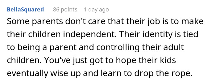 Screenshot of a social media comment discussing helicopter mom behavior controlling adult children and their independence.