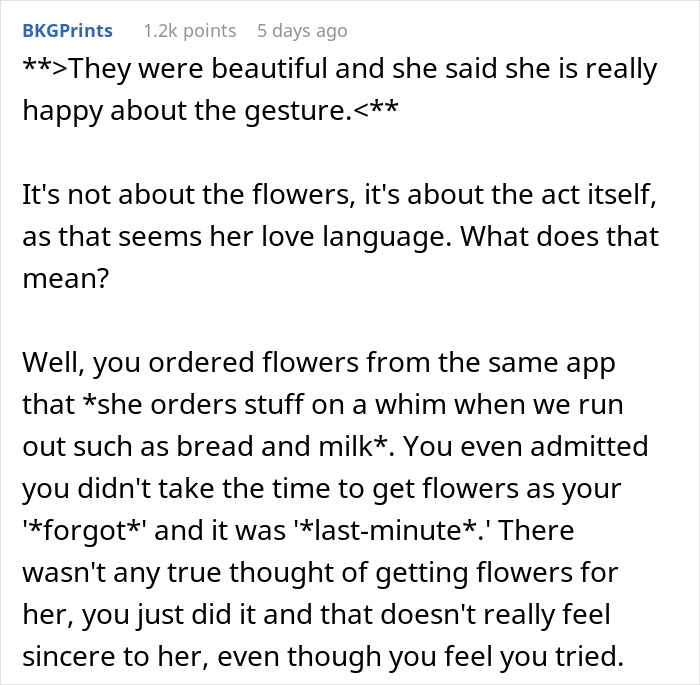 Text conversation showing advice on making her feel loved by understanding her love language beyond just giving flowers.