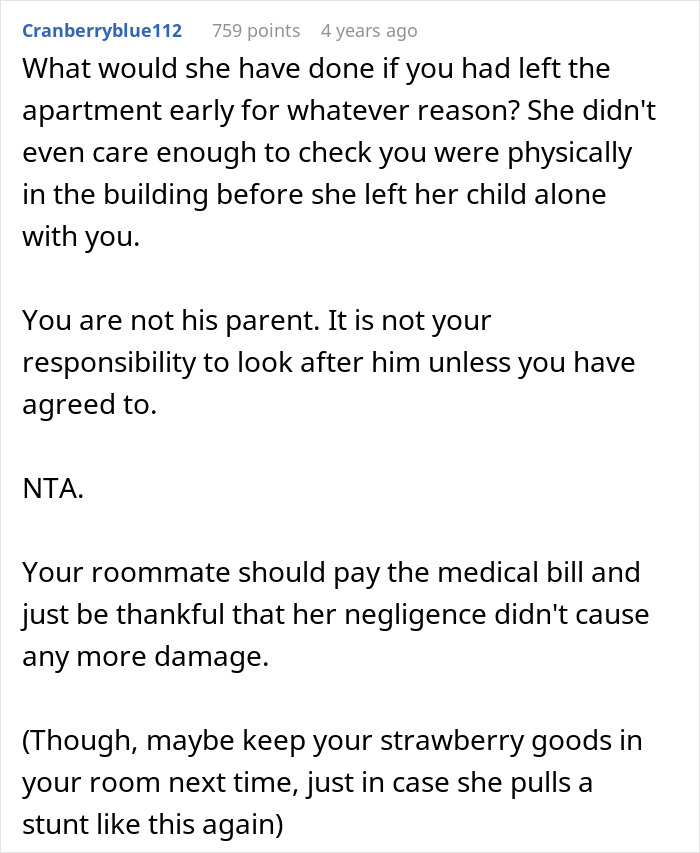 Reddit comment explaining why refusing to pay medical bills for roommate's son after allergic reaction is justified.