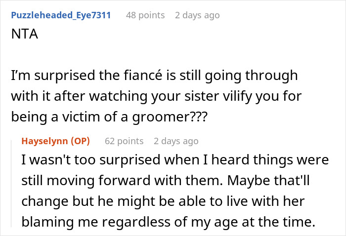 Comments from an online forum discussing a woman accused of stealing her sister’s ex-fiancé during an engagement dinner. Comments from an online forum discussing a woman accused of stealing her sister’s ex-fiancé during an engagement dinner.