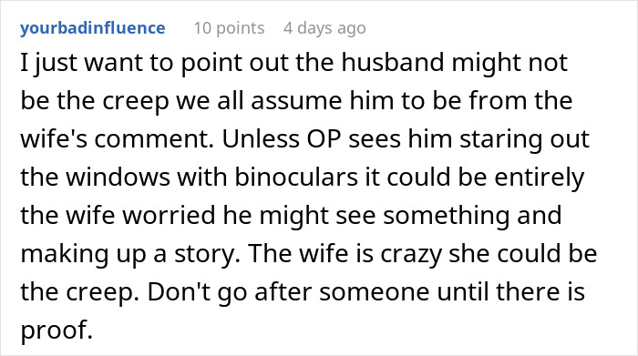 Comment discussing neighbor complaints about a woman’s outfit and her husband staring at her from the window. Comment discussing neighbor complaints about a woman’s outfit and her husband staring at her from the window.