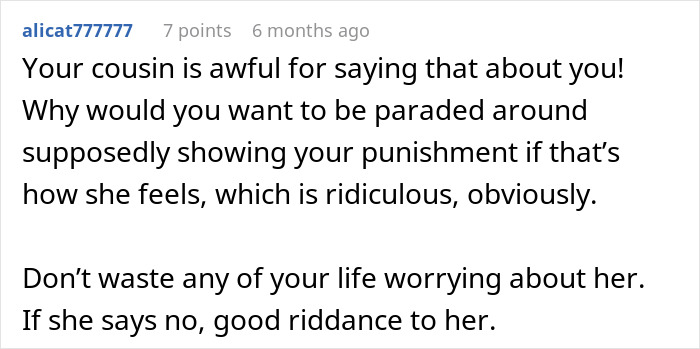 Screenshot of a social media comment discussing a bride banning her cousin with alopecia from wearing a headscarf.