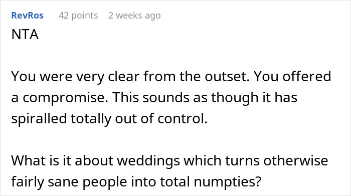Comment discussing a woman refusing to wear a wig at her brother’s wedding and the ensuing conflict. Comment discussing a woman refusing to wear a wig at her brother’s wedding and the ensuing conflict.