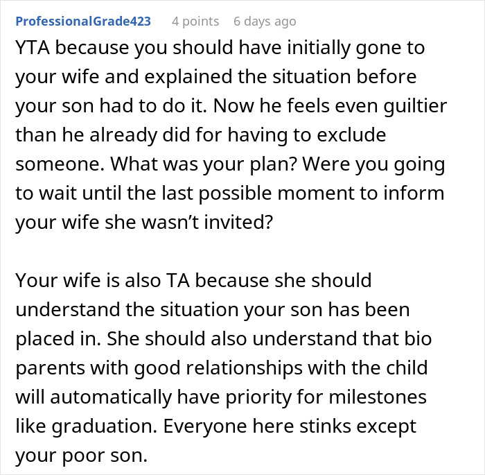 Comment discussing stepmom tantrum after teenager invites his mom to graduation instead of her in a family conflict context.