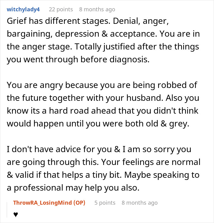 Comment discussing stages of grief and emotional impact after a husband&rsquo;s cancer diagnosis following pregnancy assumptions.