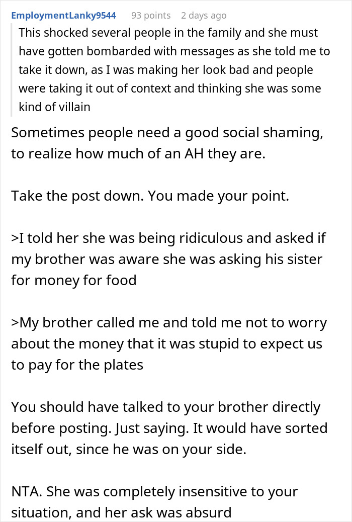 Reddit comment discussing social shaming and reactions to posting screenshots of SIL's texts online.