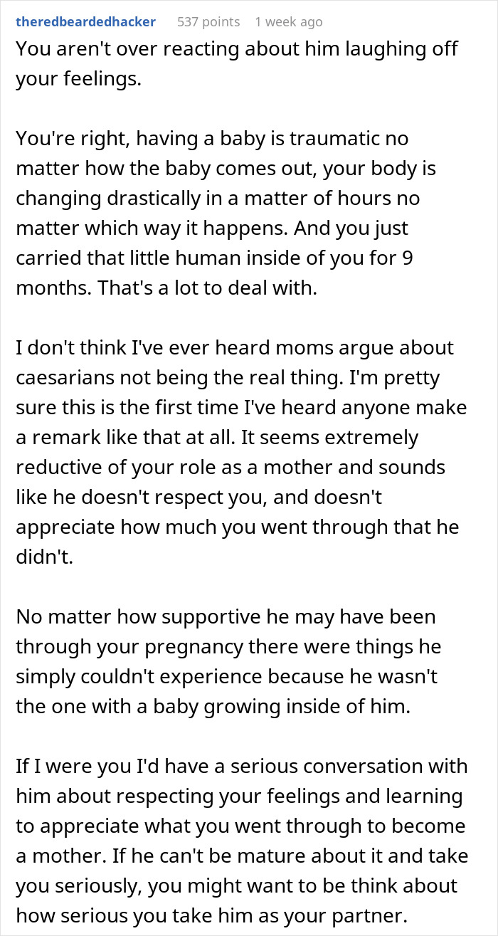 Comment discussing a woman&rsquo;s traumatic birth experience and her boyfriend&rsquo;s lack of respect for her feelings.