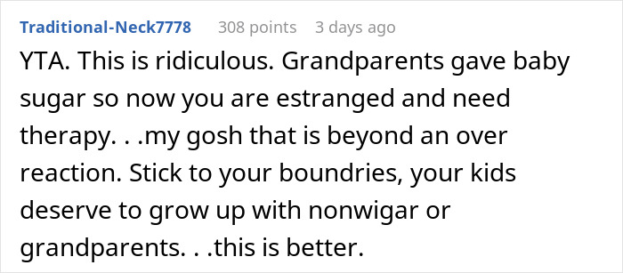 Comment discussing keeping son away from grandmother after fed custard, calling it an overreaction.