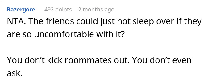 Screenshot of Reddit comment debating student asked to leave house during roommate&rsquo;s party and guest comfort concerns.