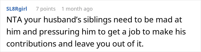 Comment from a user defending wife refusing to support husband&rsquo;s mom after job loss, family calling her selfish.