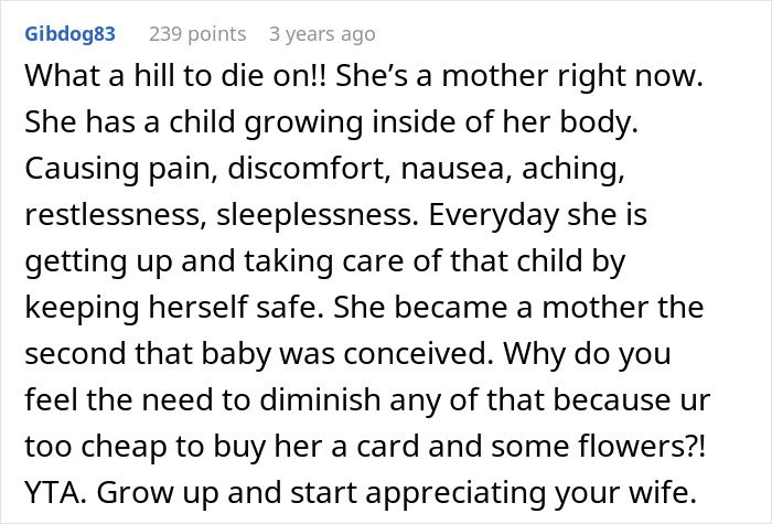 Comment discussing a man refusing a Mother's Day gift, not considering his pregnant wife a mom yet.