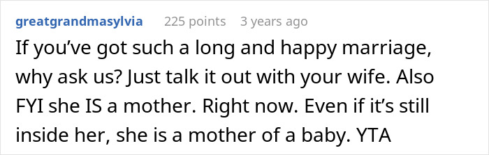Screenshot of an online comment arguing that a pregnant wife is already a mother and should be recognized as such.