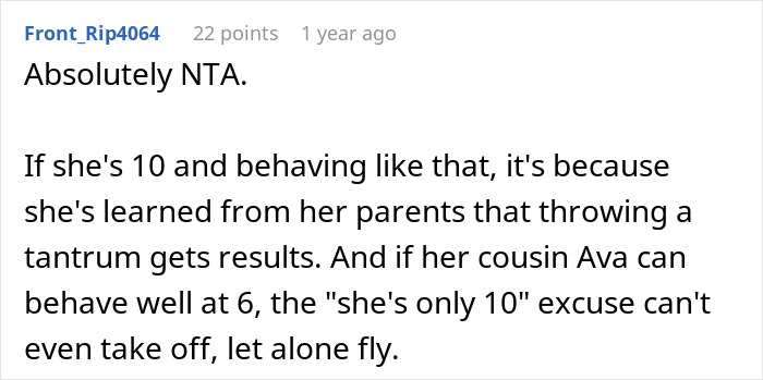 Comment discussing refusal to take sister&rsquo;s kid on trips, debating if refusing makes her a jerk over child behavior concerns