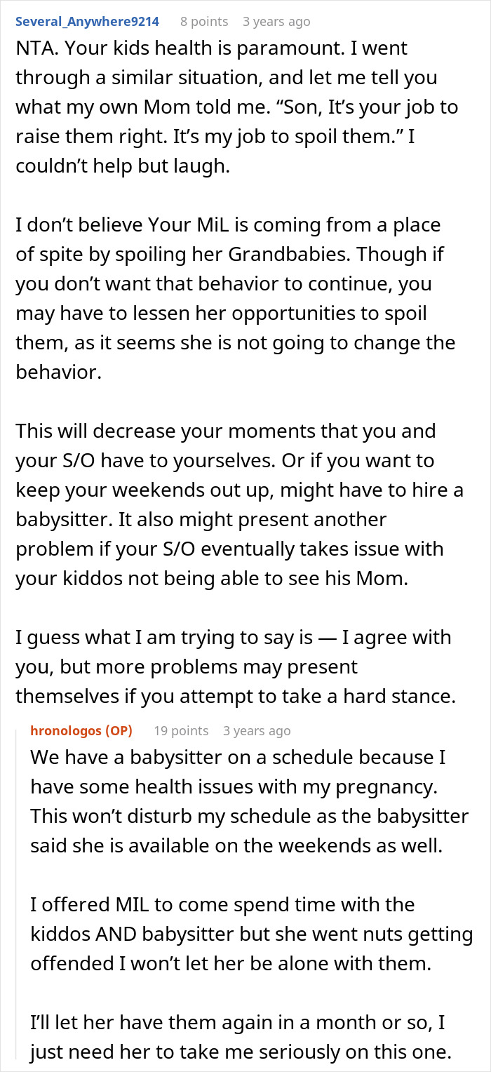 Screenshot of a Reddit discussion about a mom refusing to leave kids with MIL due to concerns over fast food feeding.
