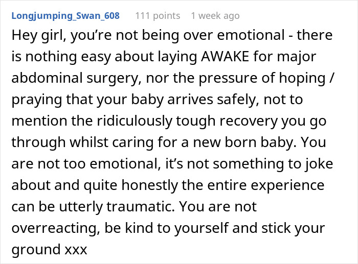 Comment discussing a woman's traumatic birth experience and her boyfriend wrongly thinking she took the easy way out.