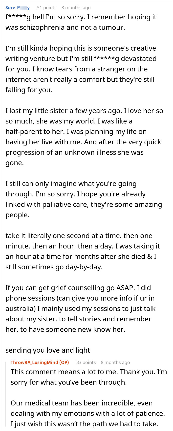 User comments expressing grief and support after a heartbreaking cancer diagnosis following pregnancy assumptions.