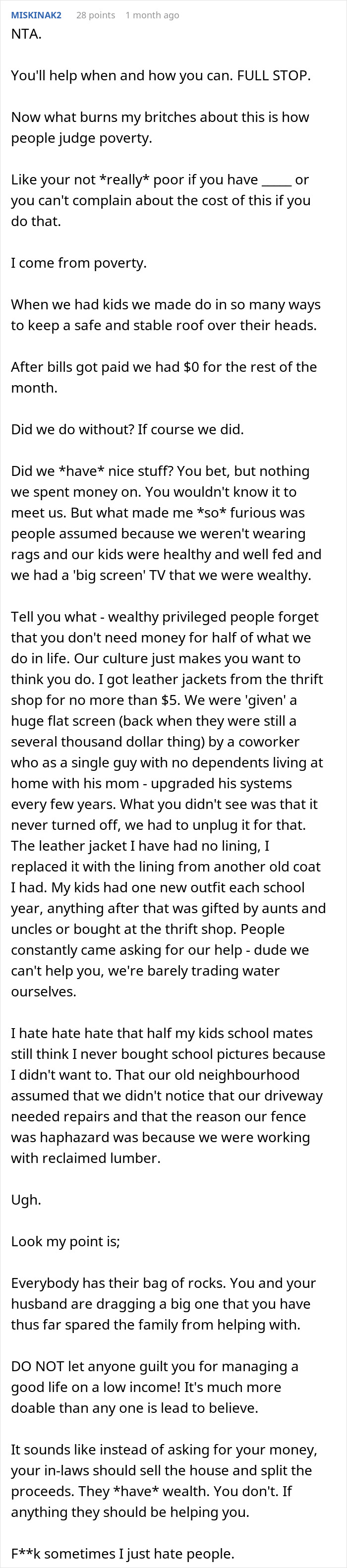 Comment text expressing frustration with judgment about poverty and supporting family after job loss in a discussion about wife refusing to support husband's mom.