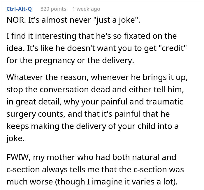 Comment discussing traumatic birth experience and boyfriend&rsquo;s misunderstanding of the delivery pain and effort involved.