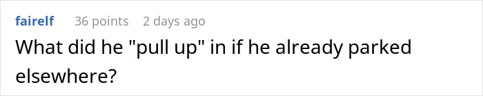 Screenshot of an online comment questioning the action of saving a parking spot by standing in it before parking elsewhere.