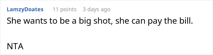 Screenshot of an online comment about a person refusing to pay after finding out they&rsquo;re treating the table at dinner.