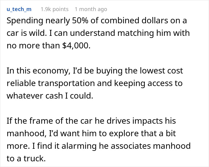 Online forum discussion on woman seeking advice about talking sense into husband planning irresponsible manly purchase.