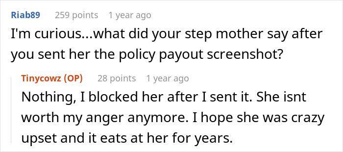 Screenshot of an online comment where a stepmother is left furious and blocked after receiving a policy payout screenshot.