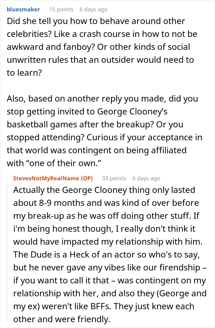 Comment thread discussing social rules and experiences dating a famous actress, including celebrity event invitations and friendships.