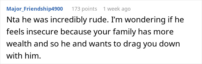 Comment discussing insecurity and undermining spouse&rsquo;s job, reflecting tension and defensive behavior in a social context.