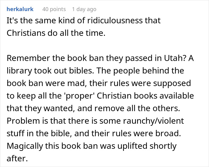 Reddit comment discussing religious symbols, HR rules, and controversies involving book bans and Christian practices. Reddit comment discussing religious symbols, HR rules, and controversies involving book bans and Christian practices.