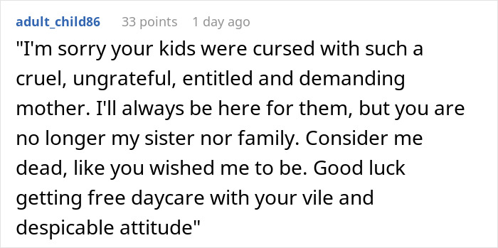 Screenshot of a Reddit comment about a person asking to be paid for babysitting niece and nephew and facing sister's cruel response.