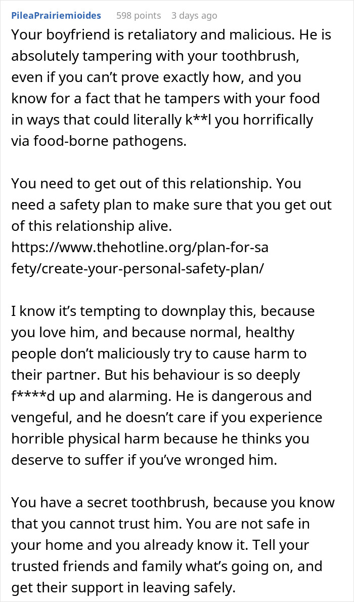 Comment warning about boyfriend tampering with toothbrush and advising safety planning for abusive relationships.