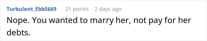 Comment text on a white background discussing a bride-to-be shutting down prenup after secret credit card debt revealed