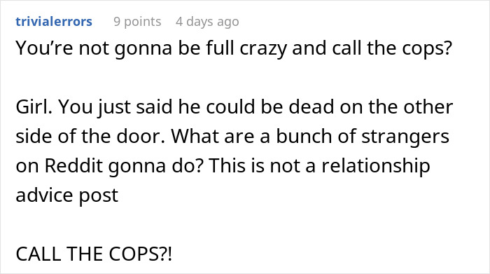 Reddit comment discussing a woman planning a vacation with her boyfriend who disappears the day before the flight.