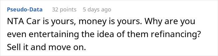 Screenshot of online comment where user discusses refusing to refinance car and keeping life insurance policy. Screenshot of online comment where user discusses refusing to refinance car and keeping life insurance policy.