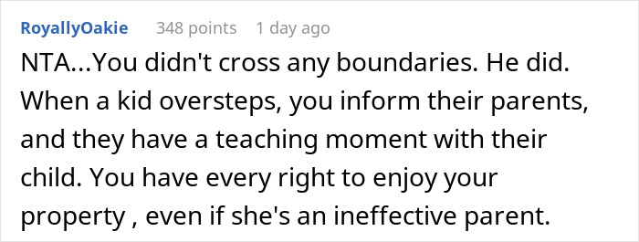 Comment discussing boundaries and parenting in response to neighbor child digging ruining lawn and property concerns.