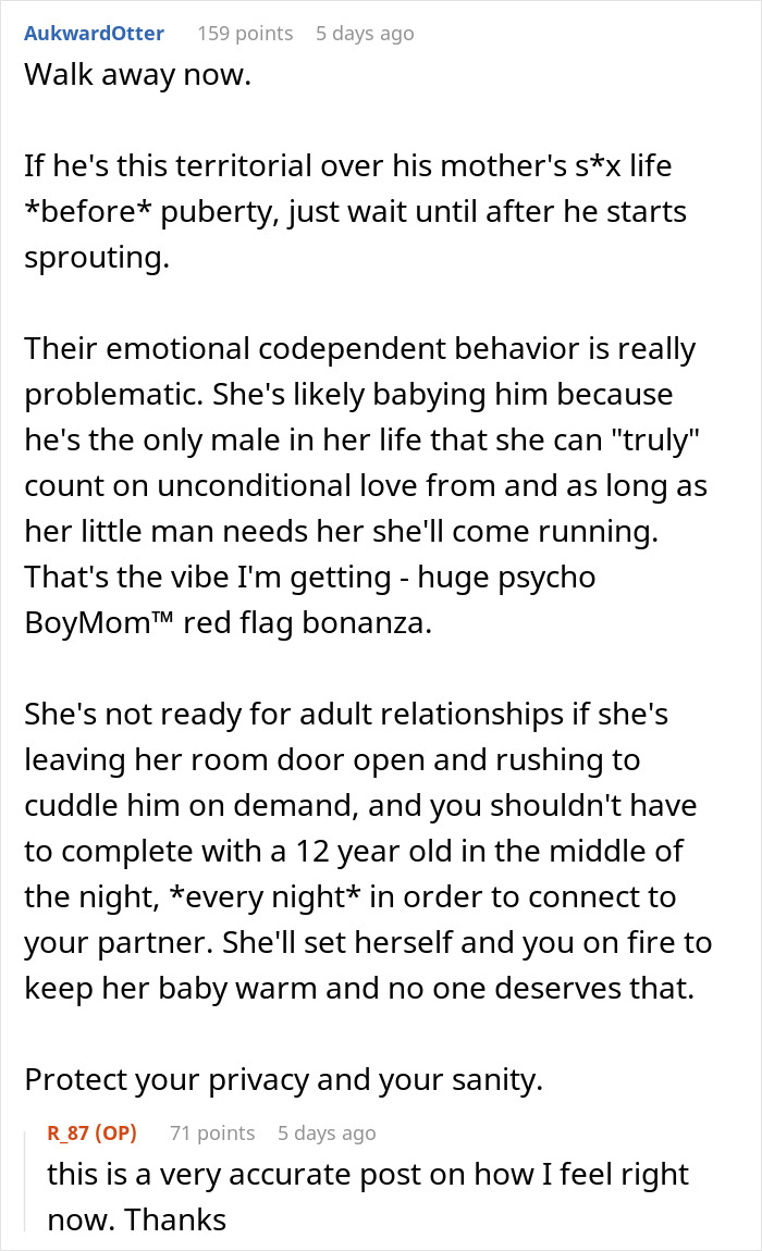 Screenshot of a forum post discussing concerns about an 11-year-old son monitoring bedroom privacy and open door demands.