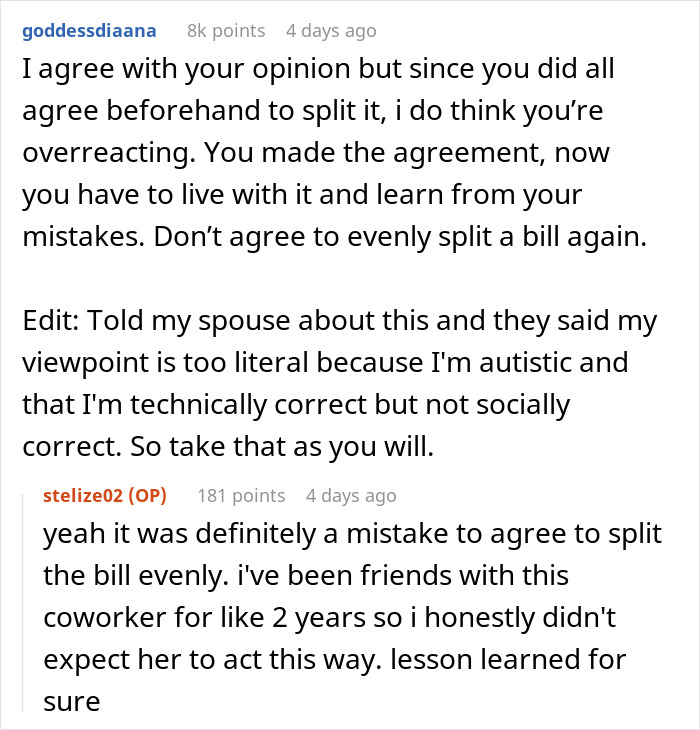 Screenshot of a Reddit conversation about coworkers agreeing to split a bill, with one backing out after dining.