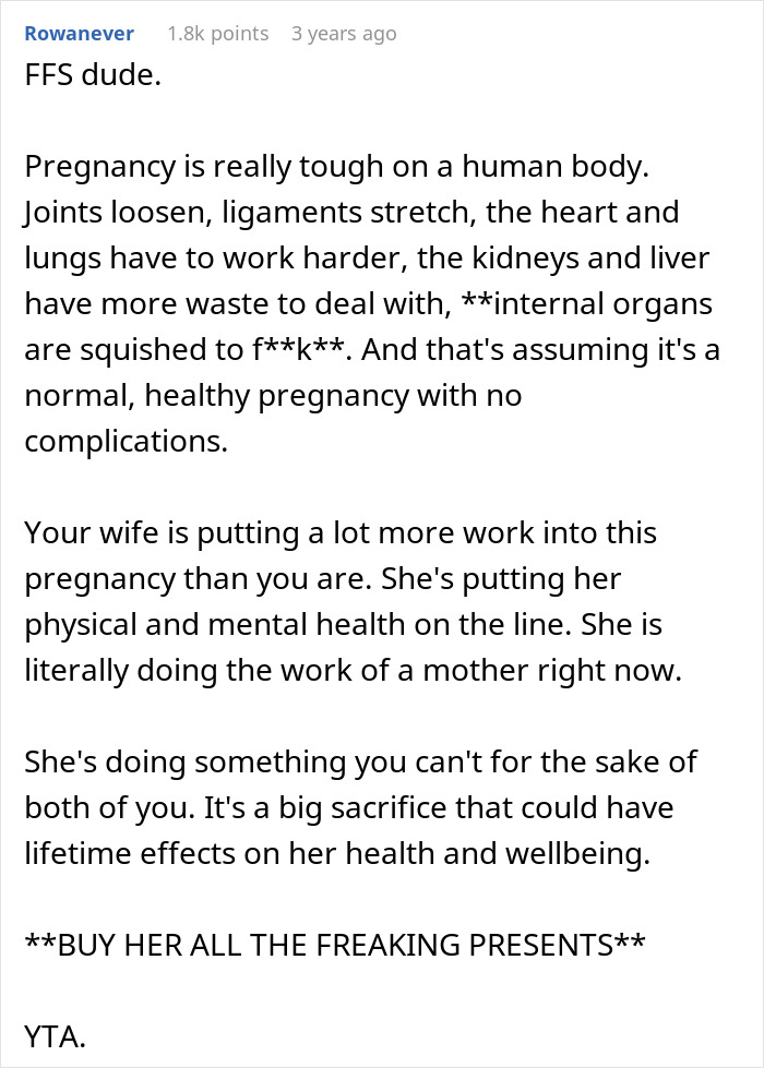 Comment emphasizing the physical and emotional toll of pregnancy and urging a man to recognize his pregnant wife as a mom with a Mother&rsquo;s Day gift.
