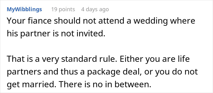 Comment about fianc&eacute; not attending a wedding without partner, highlighting relationship and wedding attendance issues.