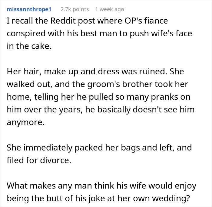 Reddit comment describing a groom-smashes-cake incident where the bride was hurt with a fork at their wedding. Reddit comment describing a groom-smashes-cake incident where the bride was hurt with a fork at their wedding.