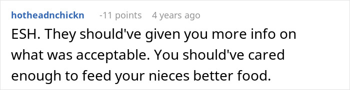 Comment discussing feeding nieces junk food, highlighting concerns about the quality of food given over three days.