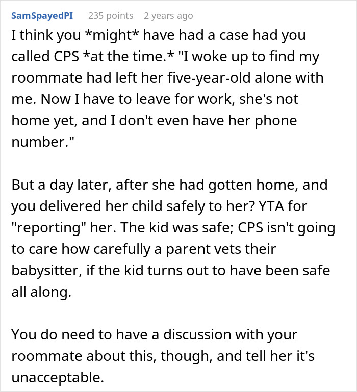 Text conversation discussing a woman who abandons child with stranger roommate for a work emergency.