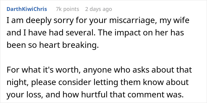 Comment expressing sympathy for miscarriage and highlighting the impact of a tasteless pregnancy stunt during a birthday dinner. Comment expressing sympathy for miscarriage and highlighting the impact of a tasteless pregnancy stunt during a birthday dinner.