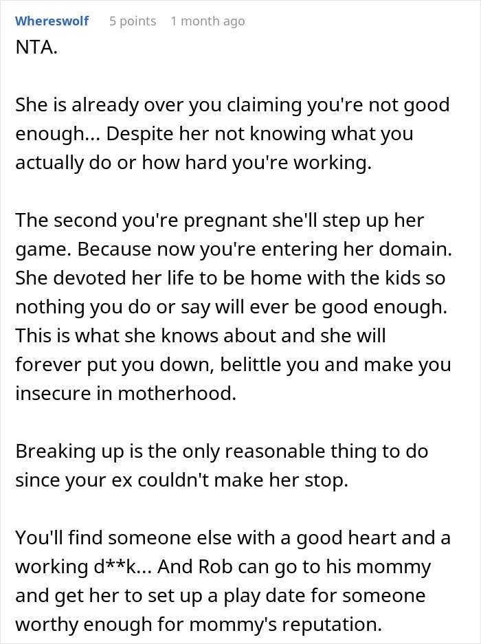 Comment discussing a woman shutting down her MIL, calling her a gold digger who is only good as a housewife.
