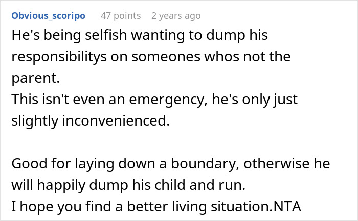 Comment on roommate refusing to babysit after night shift, discussing selfishness and setting boundaries.