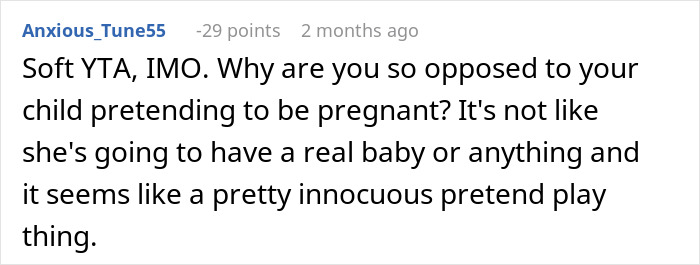 Comment discussing mom&rsquo;s reaction to MIL&rsquo;s weird gift for her pregnancy-obsessed 6-year-old child in an online forum.