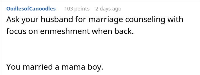 Text comment about seeking marriage counseling due to helicopter mom behavior affecting couple's honeymoon.