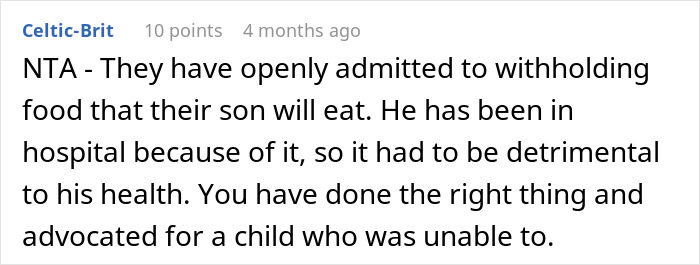 Comment highlighting a couple reporting parents to CPS for starving their child, discussing child welfare concerns.