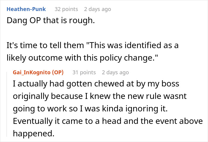 Comment thread showing discussion about a medical facility disaster after a worker followed new policy changes.